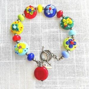 Vintage  lampwork art  glass bead sterling silver toggle bracelet